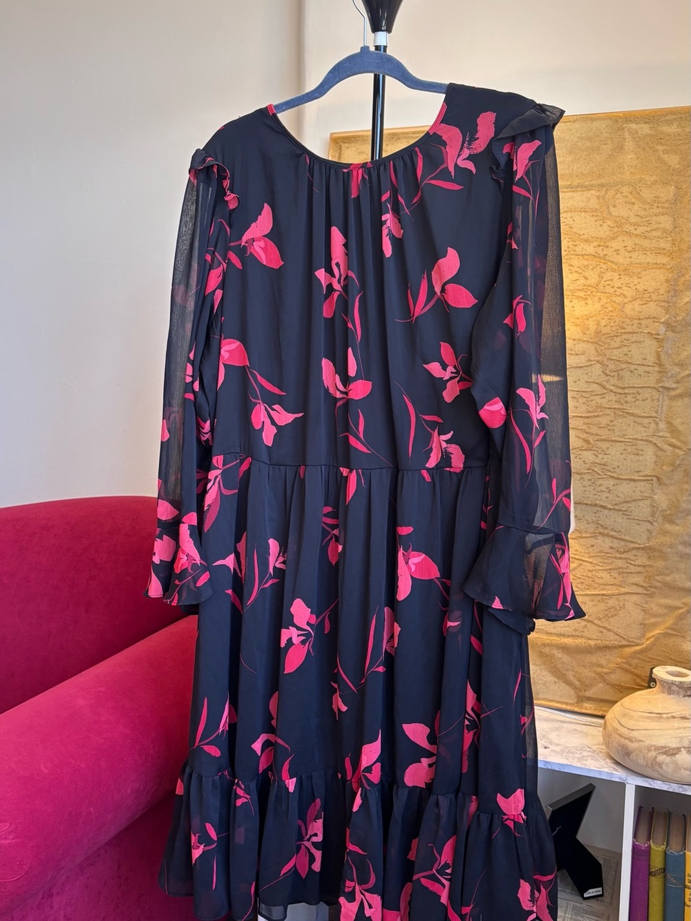 Calvin Klein Black Dress w/Red Floral Print - Long Sleeve Ruffled Hem - Size 20